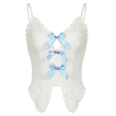 Sweet And Spicy Pure Suspenders Lace Ruffled V-neck - White - View 1