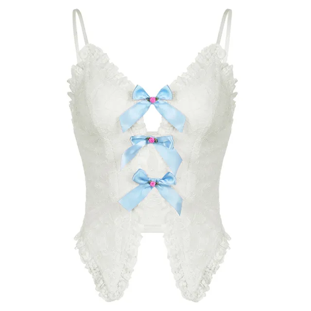 Sweet And Spicy Pure Suspenders Lace Ruffled V neck White - Shop at LoveMi