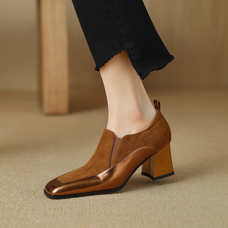 Womens Retro Black Square-Toe High Heels