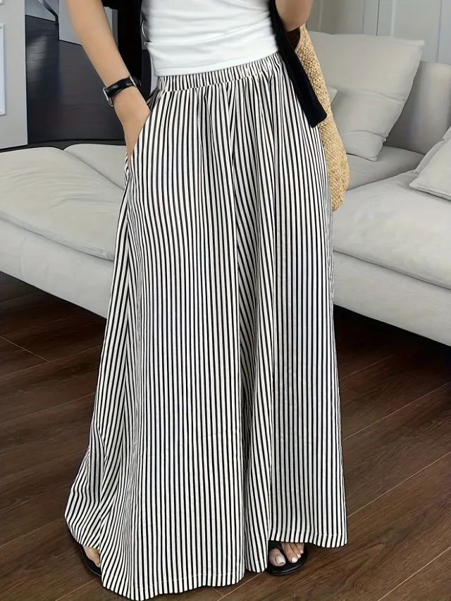 Leisure Striped Elastic Waist Wide leg Draggle tail Trousers Mixed Color - Shop at LoveMi