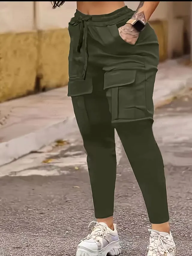 European And American Solid Pocket Ankle Banded Working Pants Army Green - Shop at LoveMi