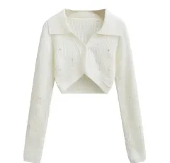 American Style Solid Colour Polo Collar Short Suit - White Top - View 1
