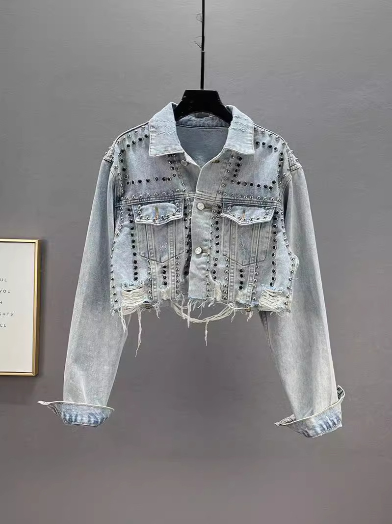 Denim Coat Women's Worn Beaded Jacket Top Light Blue - Shop at LoveMi