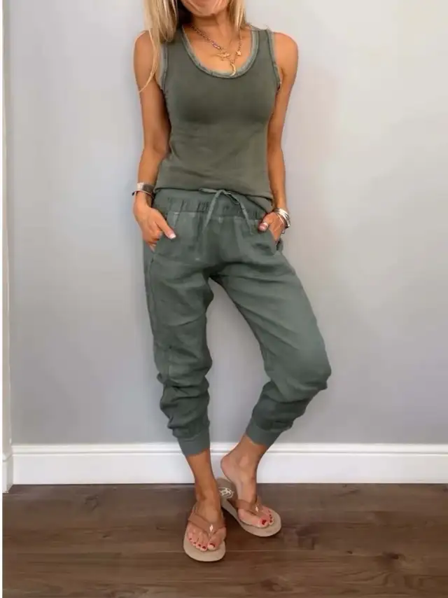 Cotton Linen Vest Drawstring Casual Pants Suit Army Green - Shop at LoveMi