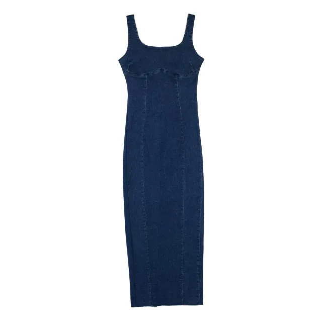 Women's French Style Slim Fit Backless Back Slit Sling Denim Long Dress Blue - Shop at LoveMi