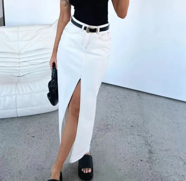 European And American Style Women's Clothing High Waist Slit Design Denim Skirt White - Shop at LoveMi