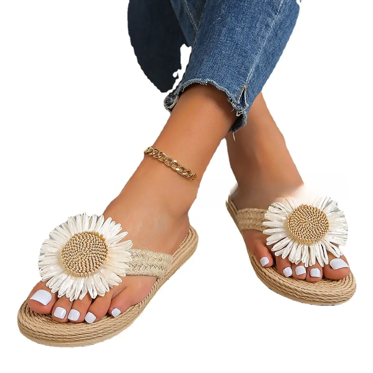 Summer New Fashion Women's Linen Fashion Simple Flower Flat Casual Sandals