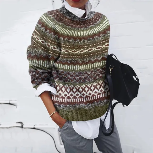 Pattern Women's Printed Wear Round Neck Soft Sweater Khaki - Shop at LoveMi