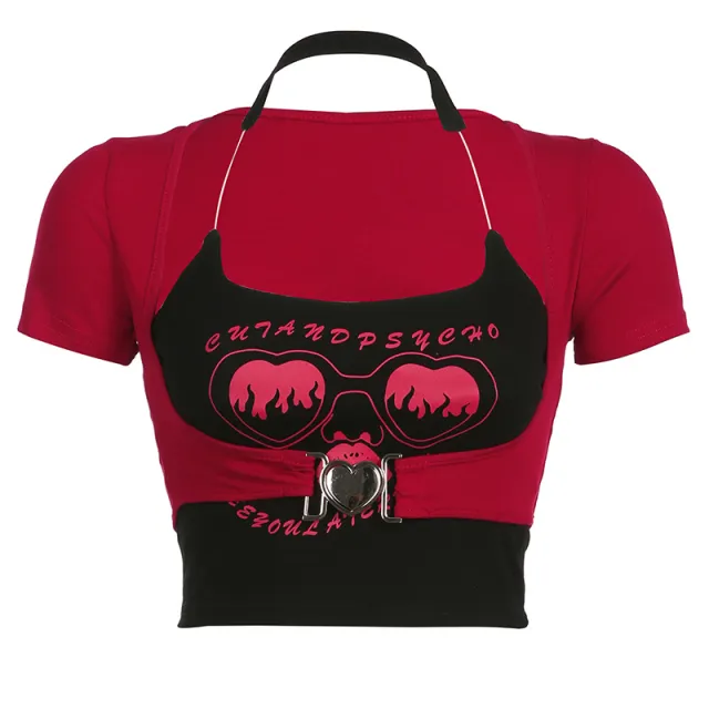 Fashion Graffiti Printing Invisible Shoulder Strap Vest T shirt Two piece Set Black - Shop at LoveMi