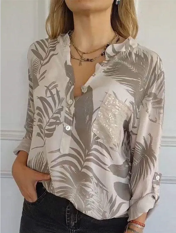 Loose Casual Long Sleeves Printed Sequined Pocket Shirt Light Brown Leaves - Shop at LoveMi