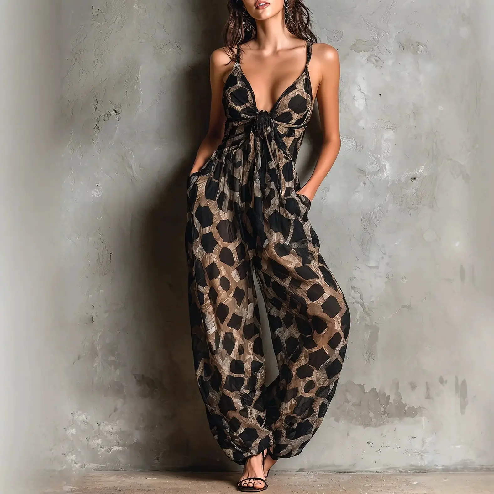 Retro Leopard Print Deep V-neck Tie-detail Strap Jumpsuit