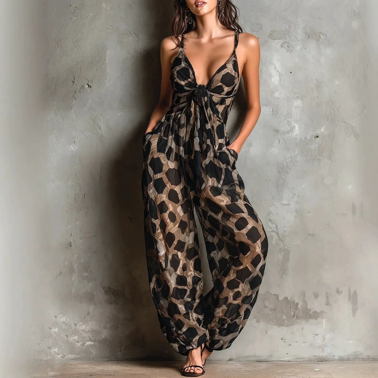 Retro Leopard Print Deep V-neck Tie-detail Strap