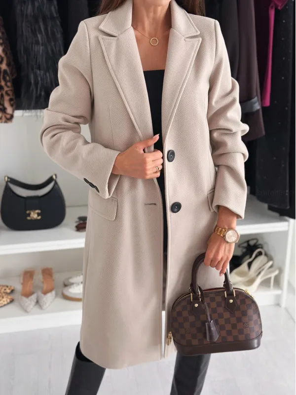 Lapel Single breasted Wool Coat Winter Long Sleeve Solid Color Long Jacket Women Clothing Khaki - Shop at LoveMi