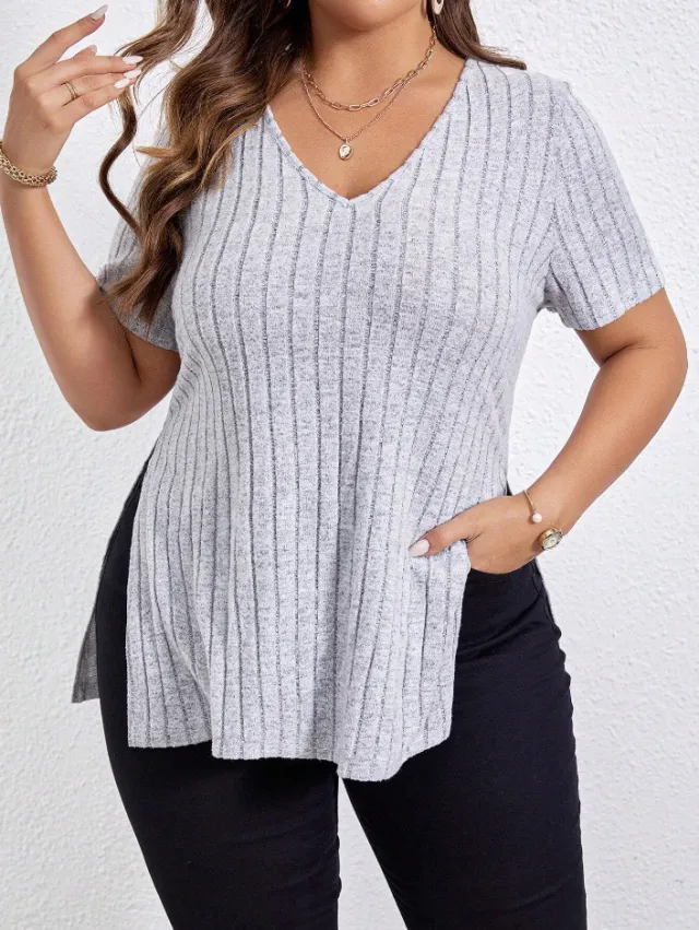 Solid Color Plus Size Top V neck Short Sleeve Split Sunken Stripe Gray - Shop at LoveMi