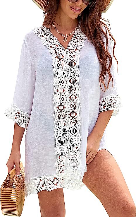 Summer Fashion Casual V neck Lace Sun Protective Blouse Beach Dress White - Shop at LoveMi