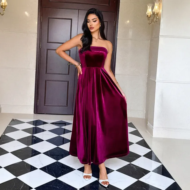 Tube Top Solid Color Dress Women's Clothing Wine Red - Shop at LoveMi