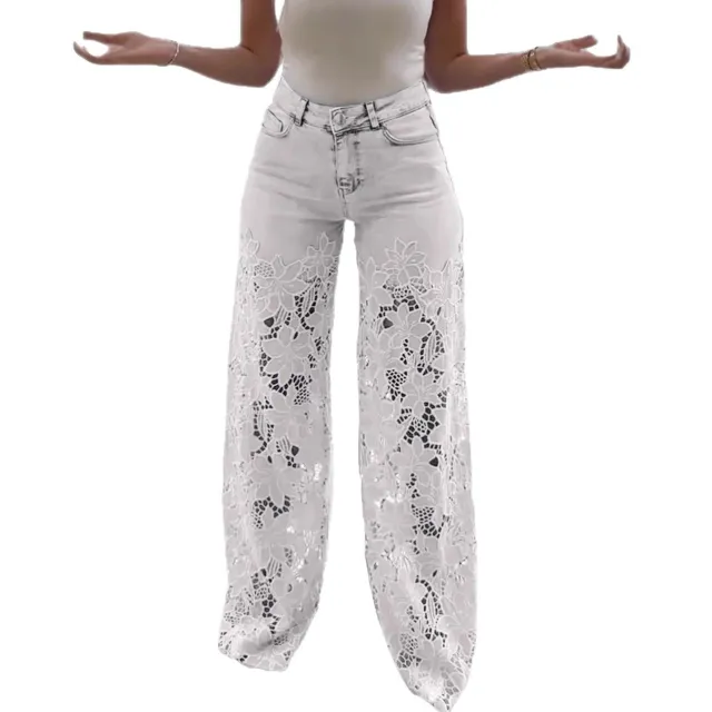 Fashionable Patchwork Denim Jeans For Women With Hollowed Out Lace Details White - Shop at LoveMi