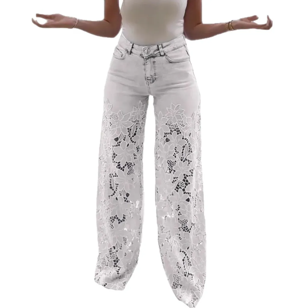 Fashionable Patchwork Denim Jeans For Women With Hollowed-Out Lace Details - White