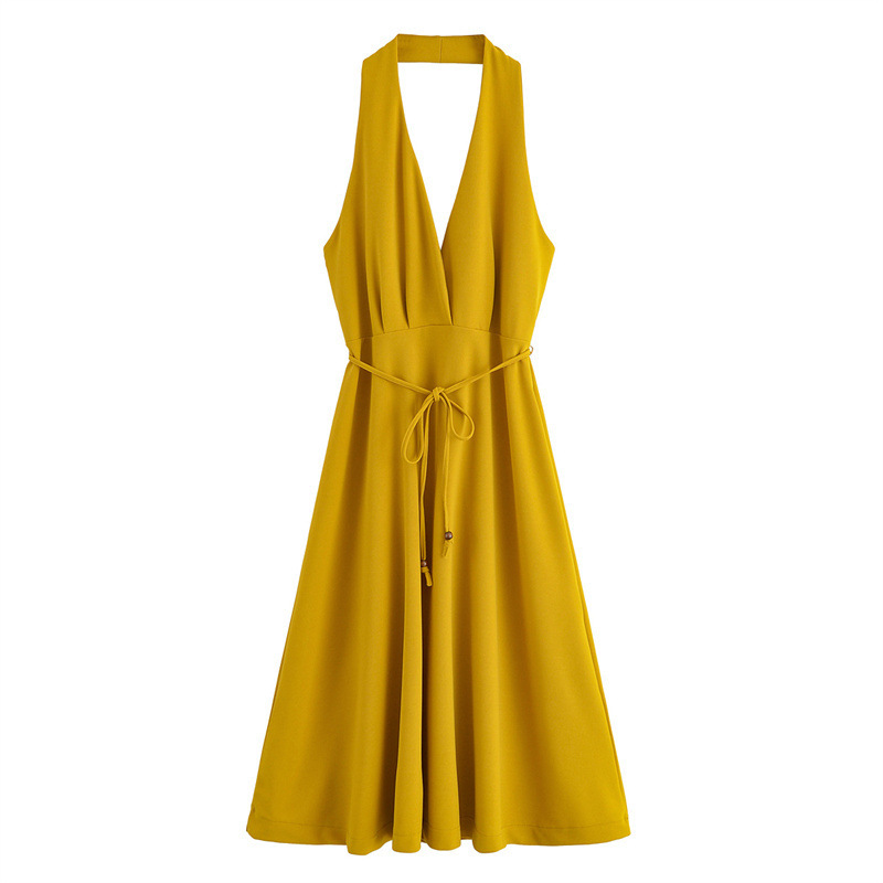 European And American Style Summer Lace-up Hanging Collar Sleeveless Dress