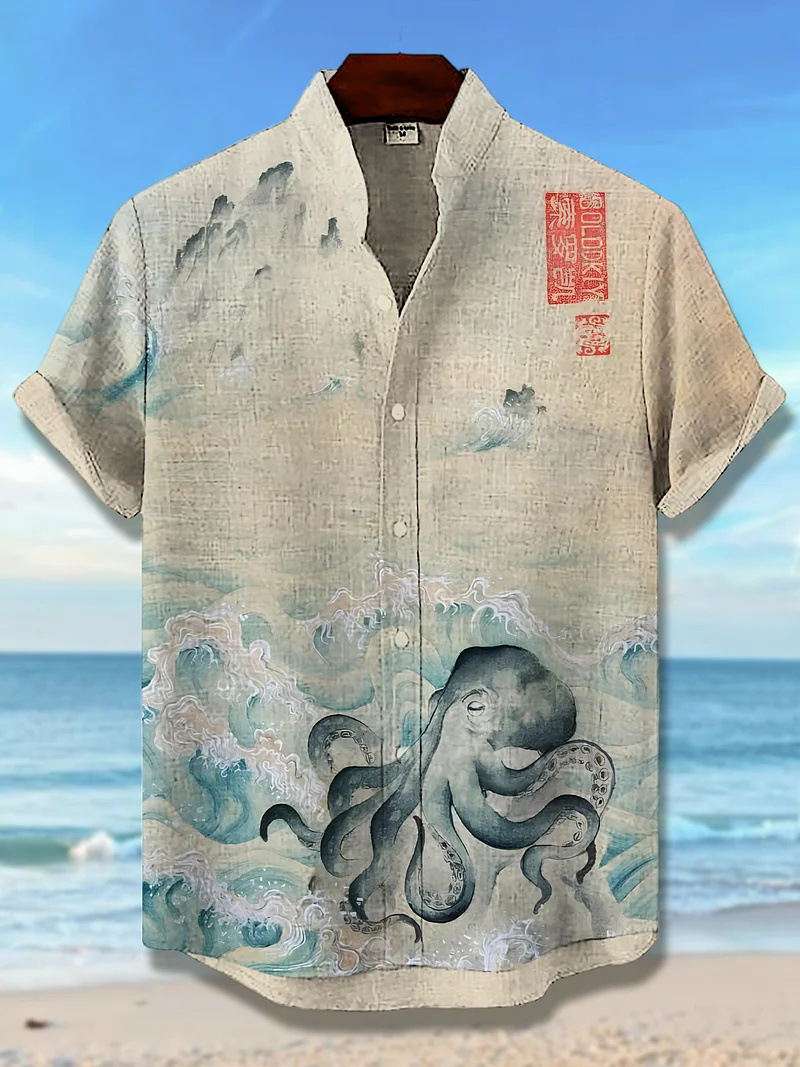 Mens Printed Short-Sleeve Stand-Up Collar Top