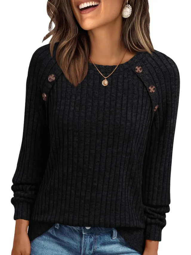 Round Neck Sunken Stripe Brushed Solid Color Top Long Sleeve Black - Shop at LoveMi