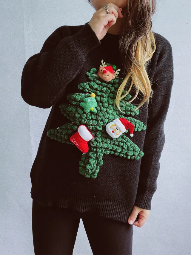 Flocking Loose New Year Red Sweater For Women Black - Shop at LoveMi