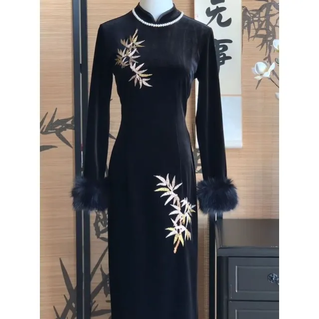 Women's Fashion Thickened Fleece lined Cheongsam Dress Black - Shop at LoveMi