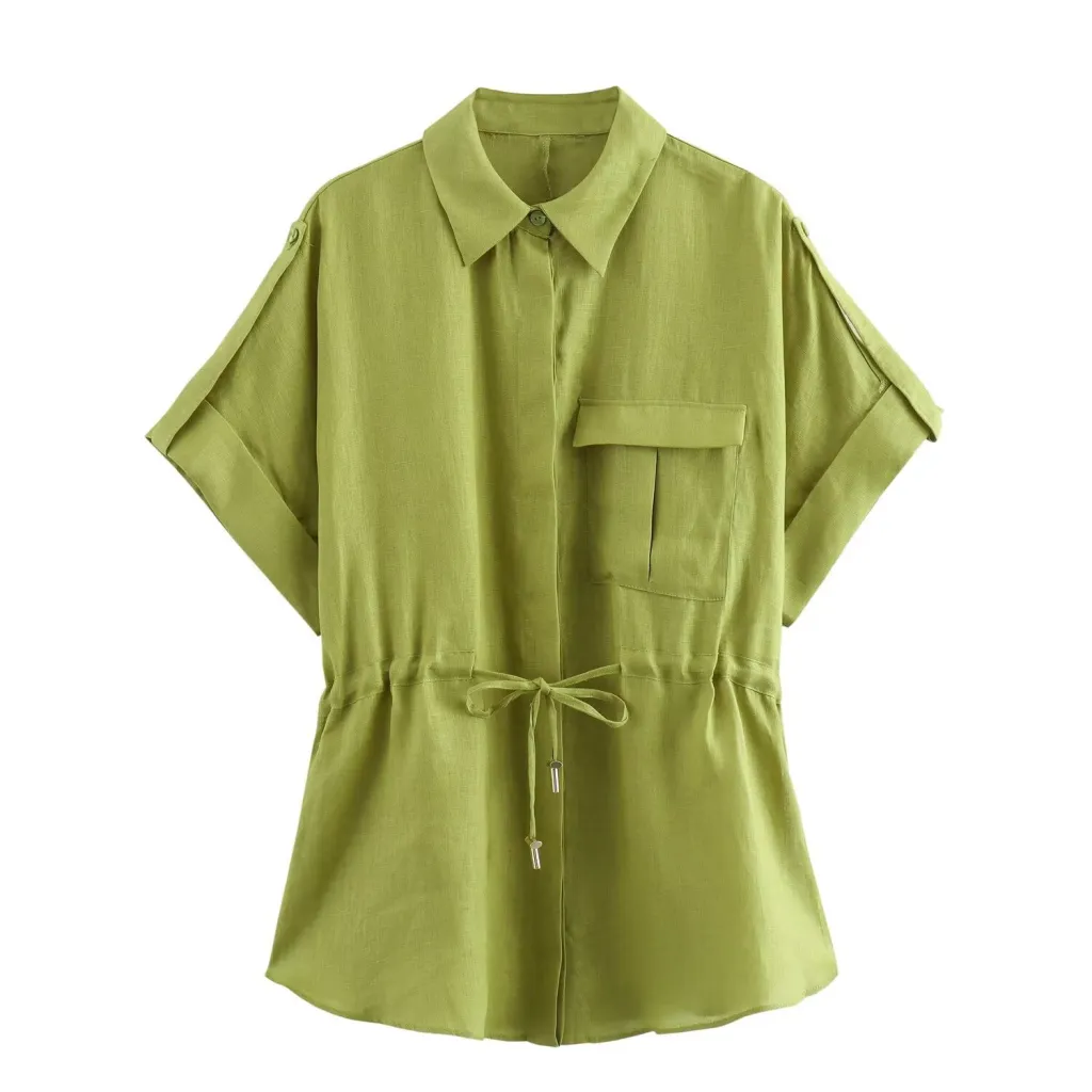 Summer Women's Clothing New Linen Women's Shirt Top Casual High Waist Pants Suit - C-Xs