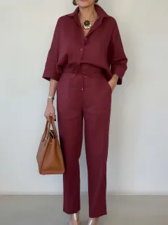 New Elegant Solid Colour Polo Collar Linen Shirt And Two-piece Pants - Wine Red - View 1