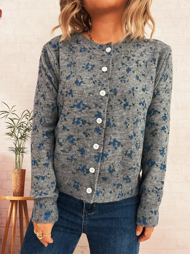 Simple Flower Print Cardigan Commuter Round Neck Knitted Sweater Dark Gray - Shop at LoveMi