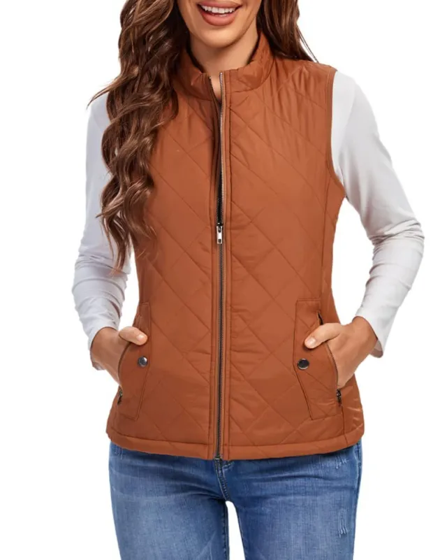 Women's Cotton Vest Stand Collar Zipper Pocket Warm Orange - Shop at LoveMi