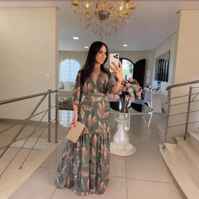 V neck Fashion Elegant Printed Long Dress Green - Shop at LoveMi