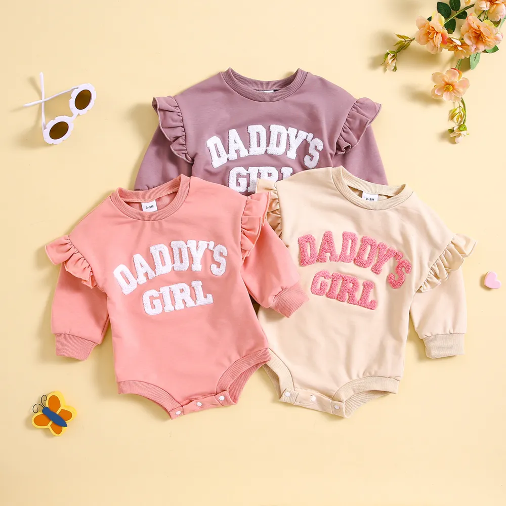 Girls' Fashionable Round Neck Flounced Sleeve Letter Romper