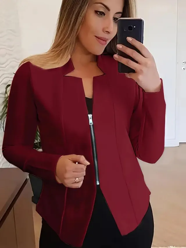 Women's Solid Color Top Zipper Jacket Small Suit Wine Red - Shop at LoveMi