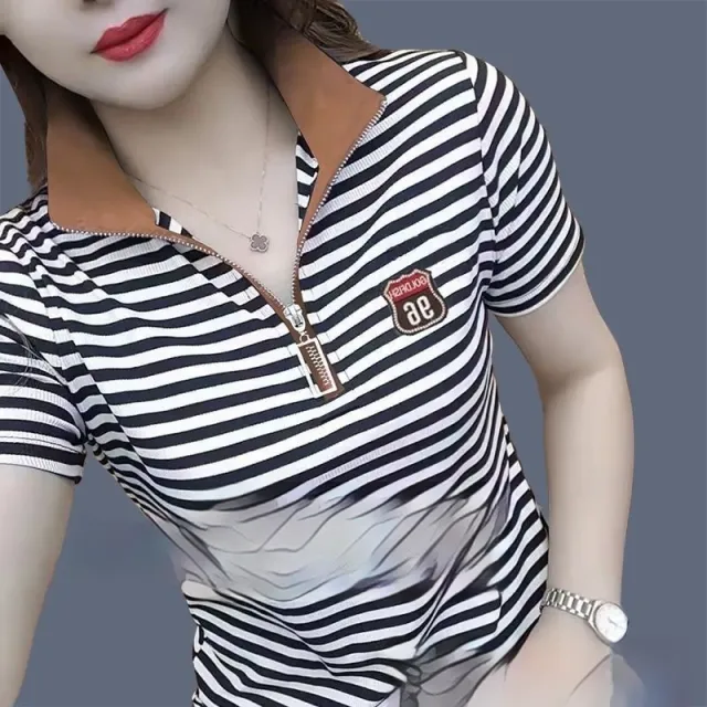 Letter Embroidery Stand up Collar Short sleeved T shirt Shoulder Khaki Collar - Shop at LoveMi