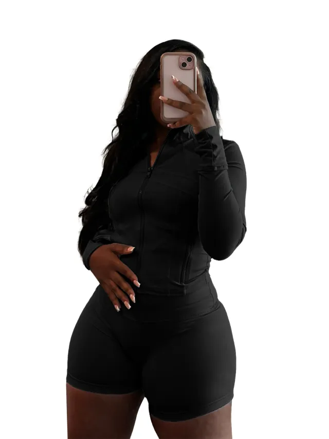 European And American Sports And Leisure Sexy Tight Long Sleeve Shorts Two piece Set Black - Shop at LoveMi