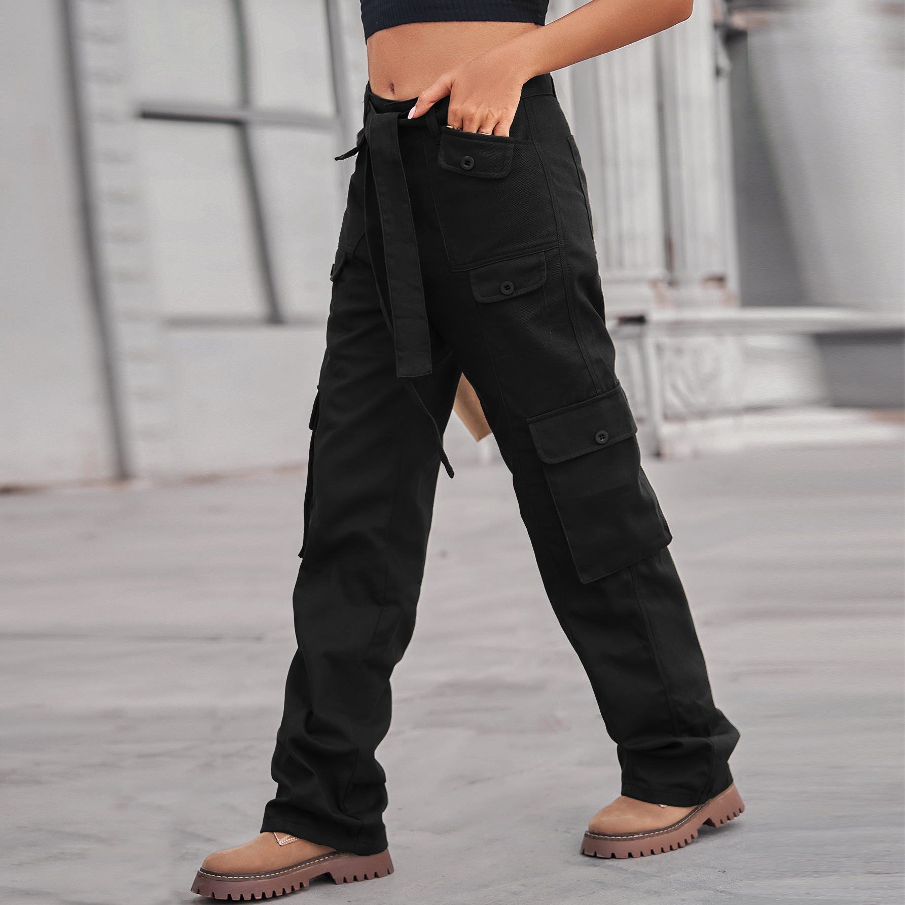 European And American Style New Washed Denim Multi pocket Heavy Industry Casual Working Pants Black - Shop at LoveMi