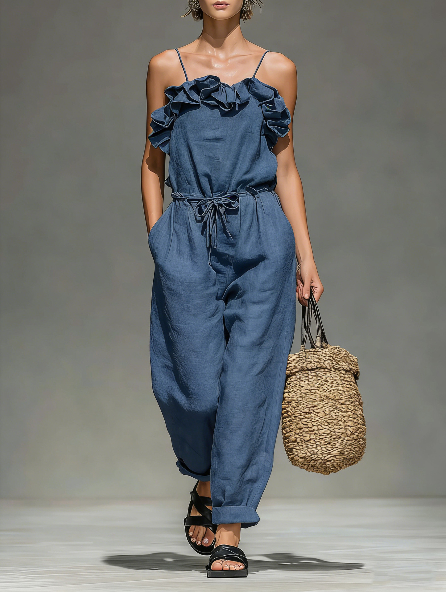 Women's Ruffle Jumpsuit in Yellow – Lifestyle Styling Shot