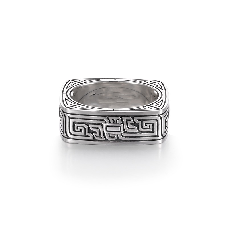 Qishang Retro Square Hook Pattern Ring Thai Silver