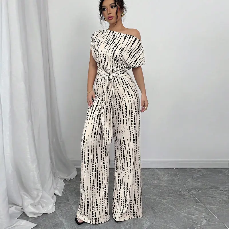 Vacation Style Slant Shoulder Strap Wide Leg Jumpsuit