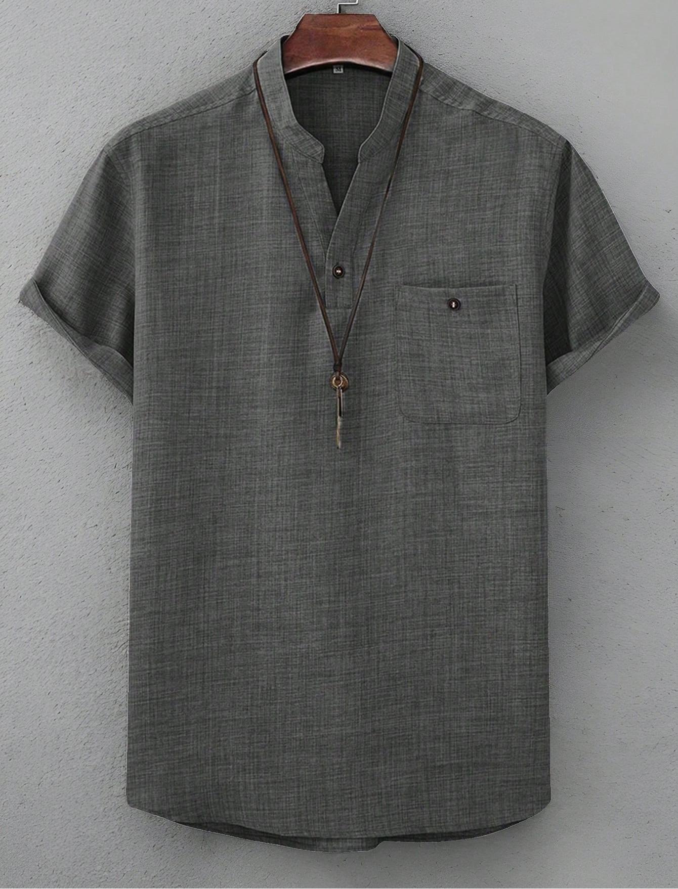 Mens Casual Short-sleeve Solid-color Shirt With A Turn-down Collar