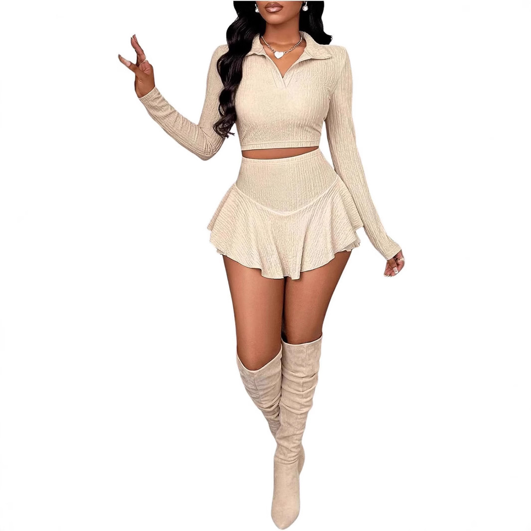 Fashion Solid Color Short Navel Ruffled Pearl Skirt Skirt Suit - Picture 1 of 12