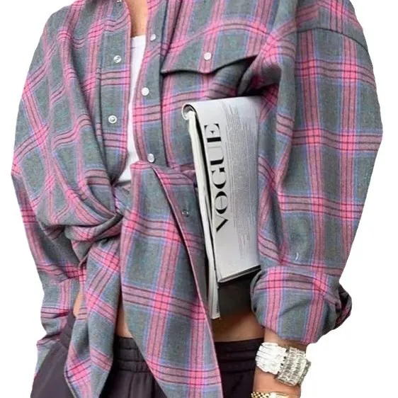 Retro Style Versatile Loose Plaid Long Sleeve Shirt Purple - Shop at LoveMi