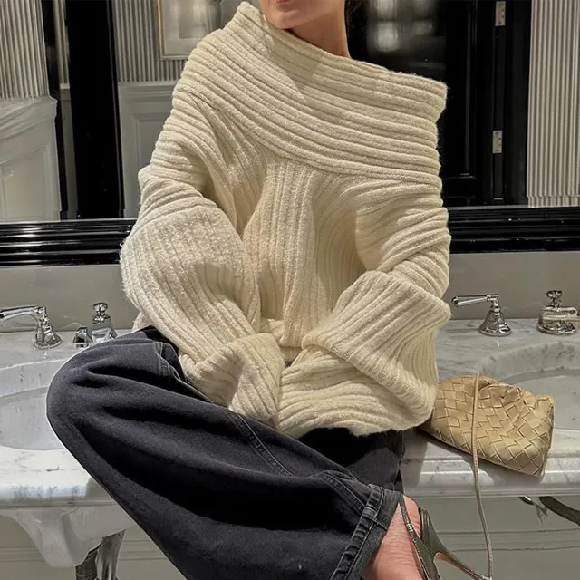 Loose Pullover Trumpet Sleeve Sweater Y2K Fashion One shoulder Knitted Tops Winter Womens Clothing Apricot - Shop at LoveMi