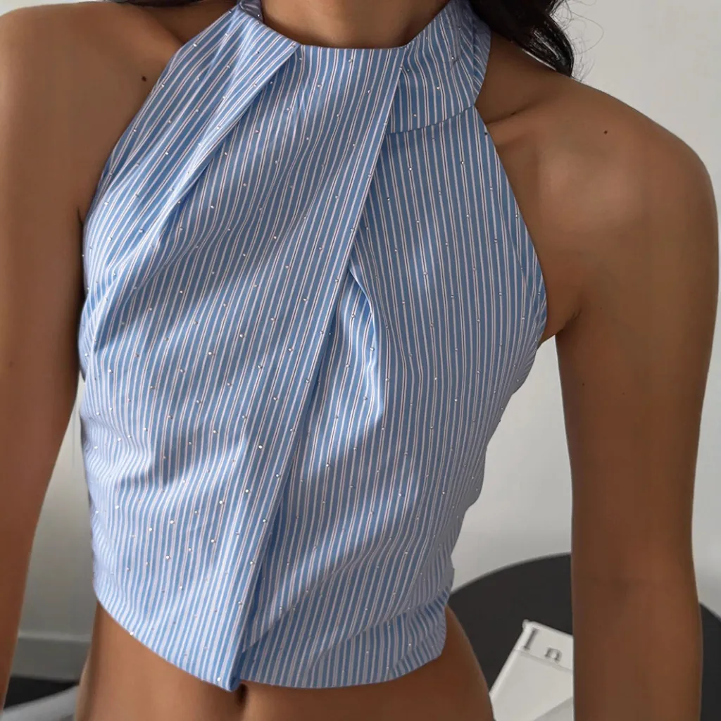 Jacquard Halter Backless Striped Camisole - Blue