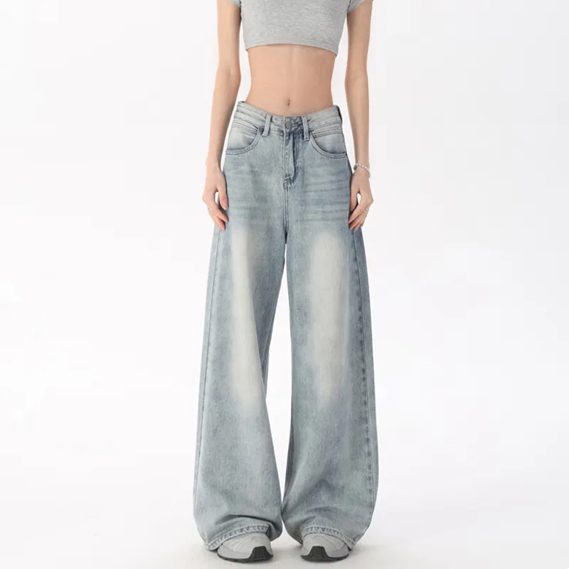 Retro Denim Women's Straight-leg Trousers - Blue Trousers