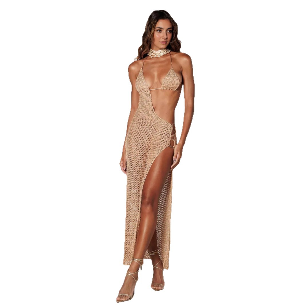 Women's Solid Color Sexy Slit Knitted Beach Skirt Bikini Dress