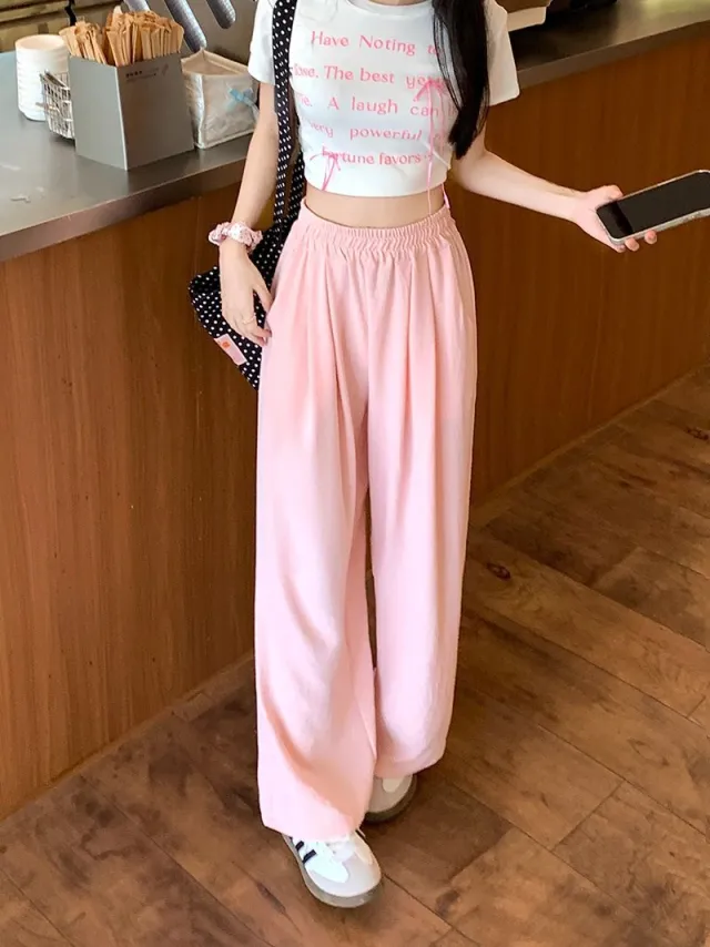 Loose Small Idle Style Walking Pants Casual Wide leg Pants Pink - Shop at LoveMi