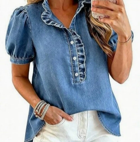 Bubble-sleeve Denim Shirt Top For Women