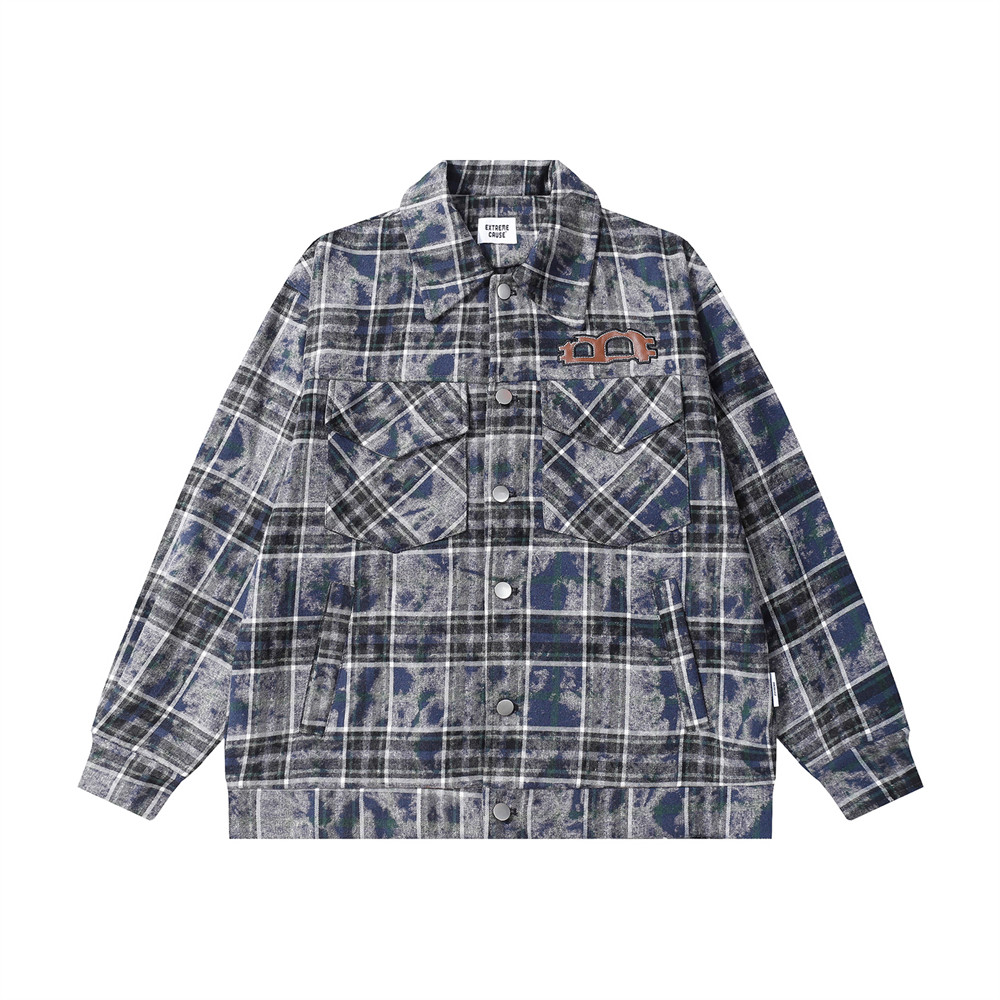 Plaid Tie-dyed Washed Old Long Sleeve Shirt Coat